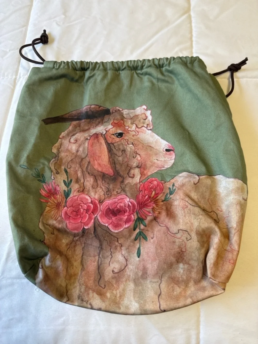 Blue rabbit house lamb floral drawstring bag cottagecore sheep pouch handmade